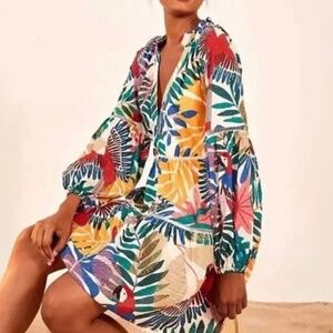FARM Rio Colorful Tropical Mini Dress, White Macaw size Medium